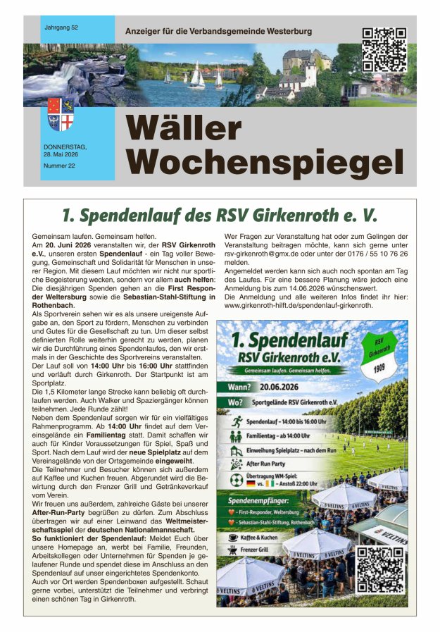 Wäller Wochenspiegel - Anzeiger für die Verbandsgemeinde Westerburg Titelblatt 22/2026