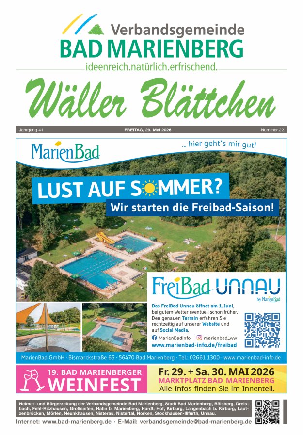 Wäller Blättchen - Verbandsgemeinde Bad Marienberg Titelblatt 22/2026