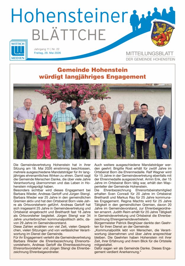 Hohensteiner Blättche Titelblatt 22/2026