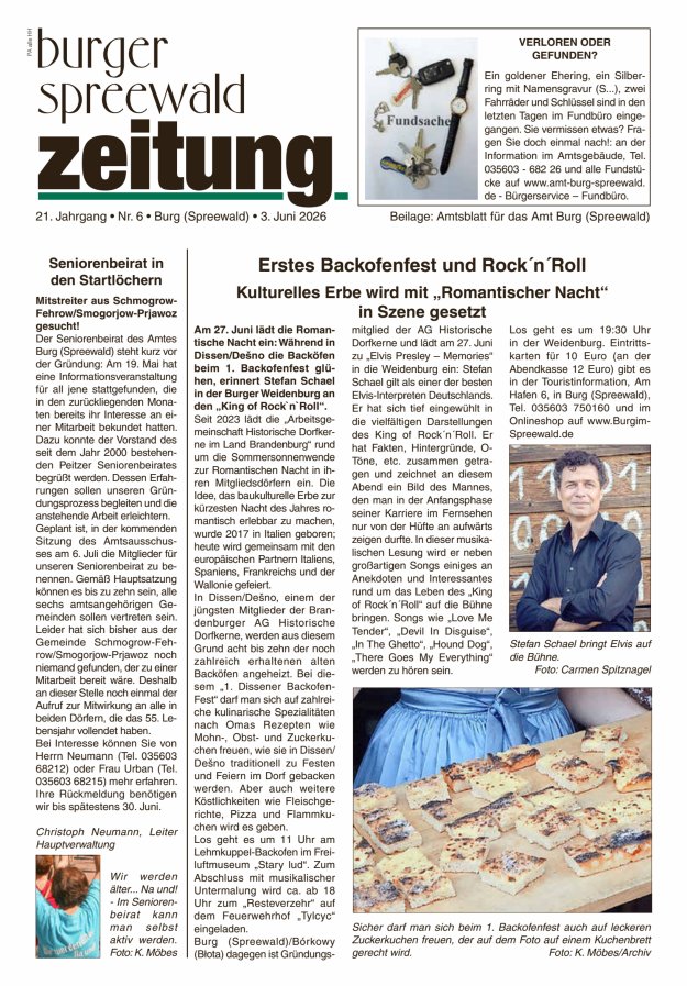 Burger Spreewald Zeitung - Amtsblatt für das Amt Burg (Spreewald) Titelblatt 06/2026