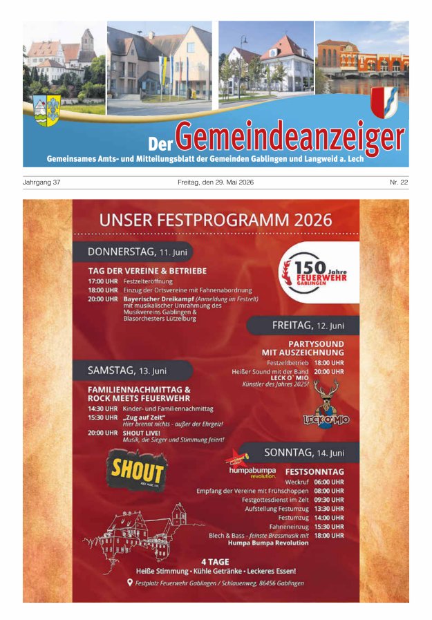 Der Gemeindeanzeiger - Gablingen Langweid Titelblatt 22/2026