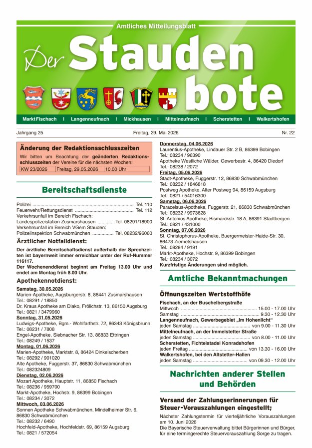 Staudenbote Amtliches Mitteilungsblatt Titelblatt 22/2026