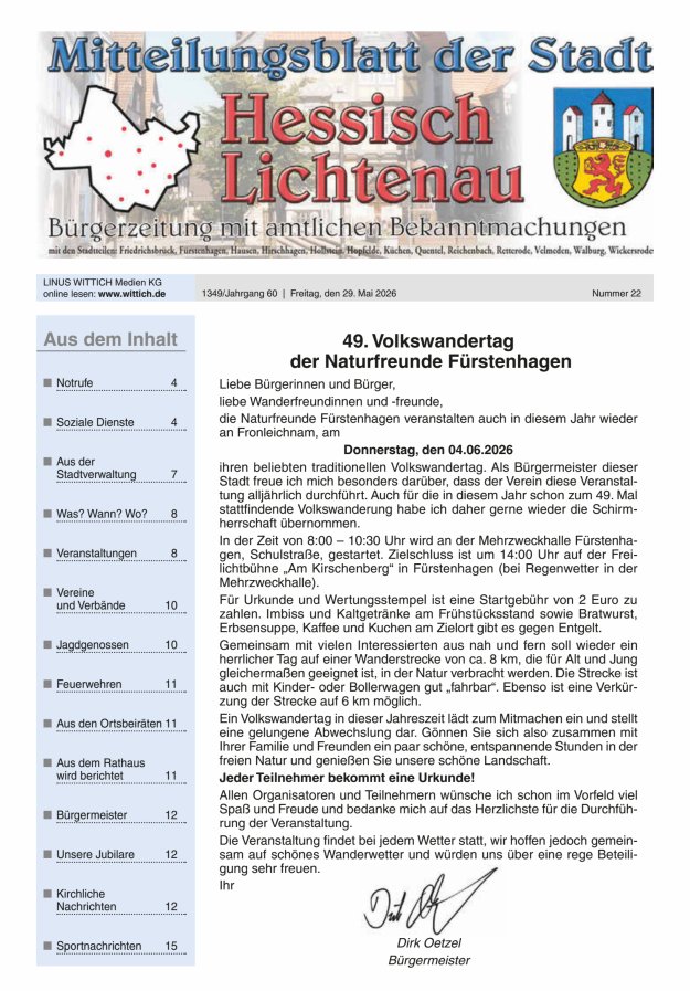 Mitteilungsblatt der Stadt Hess Lichtenau Titelblatt 22/2026