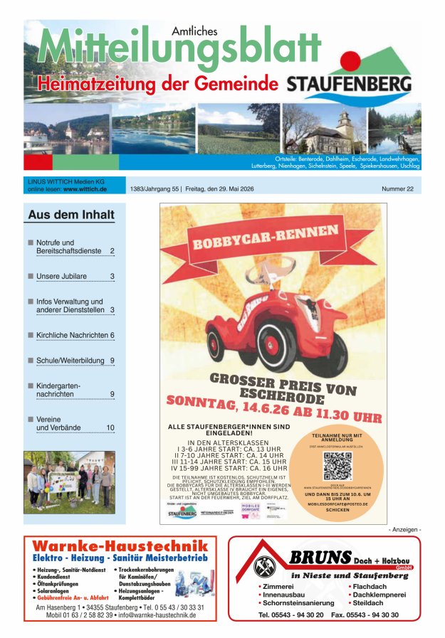 Heimatzeitung der Gemeinde Staufenberg Titelblatt 22/2026