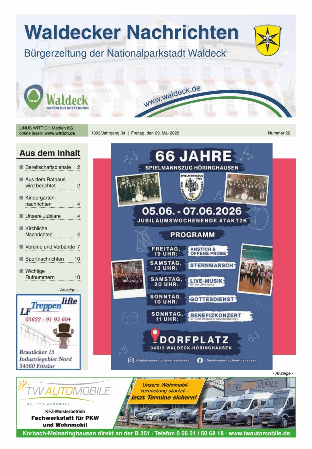 Waldecker Nachrichten Titelblatt 22/2026