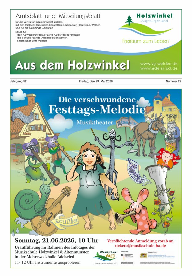 Aus dem Holzwinkel Amtsblatt u Mitteilungsblatt f VG Welden u GemAdelsried Titelblatt 22/2026