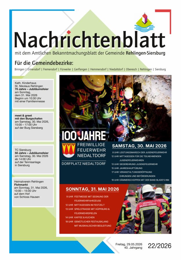 Nachrichtenblatt Rehlingen-Siersburg Titelblatt 22/2026