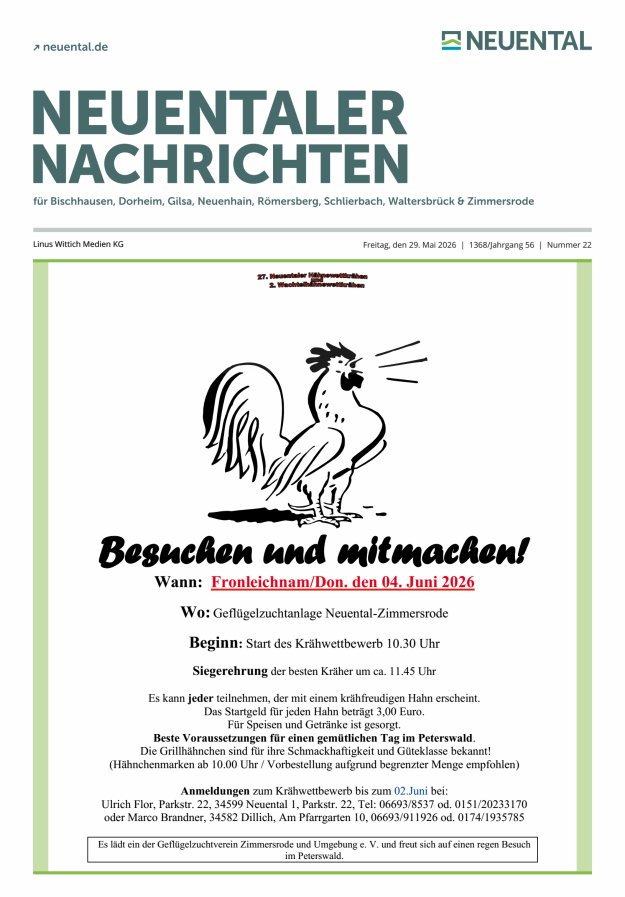 Neuentaler Nachrichten Titelblatt 22/2026