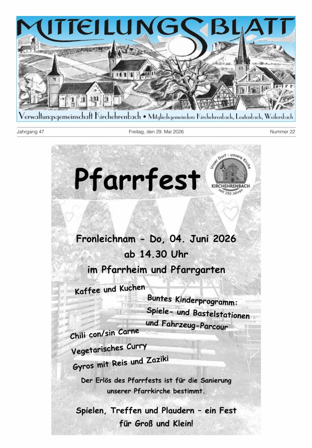Mitteilungsblatt Verwaltungsgemeinschaft Kirchehrenbach Titelblatt 22/2026