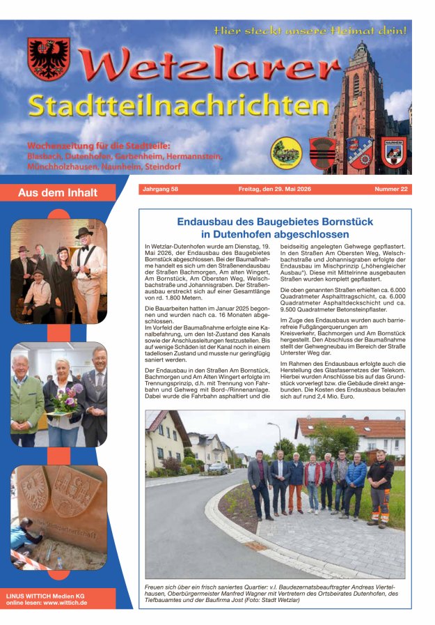 Wetzlarer Stadtteilnachrichten Titelblatt 22/2026