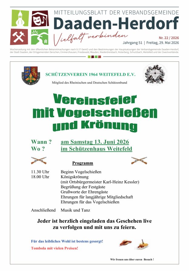 Mitteilungsblatt der Verbandsgemeinde Daaden-Herdorf Titelblatt 22/2026