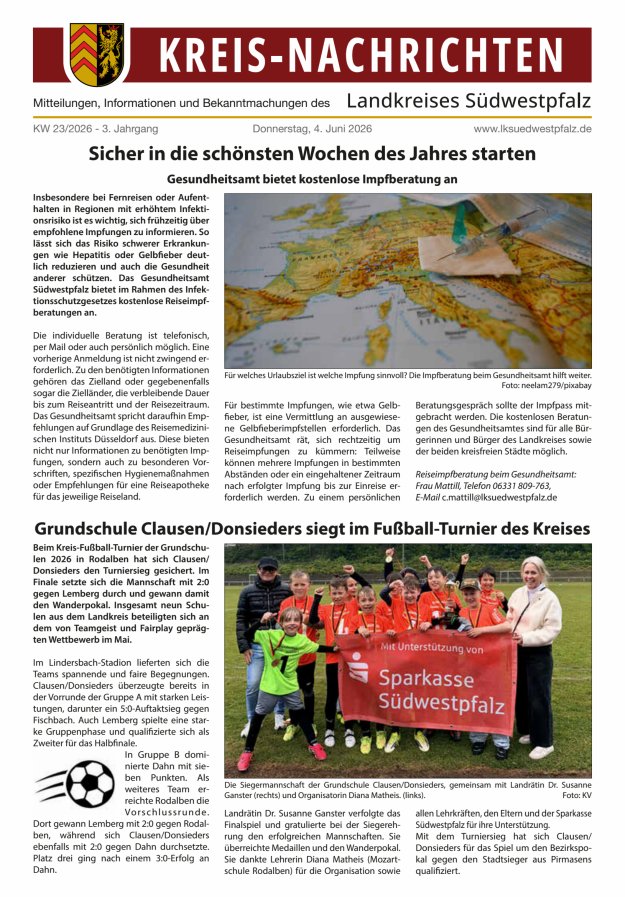 Kreis-Nachrichten - Mitteilungen des Landkreises Südwestpfalz Titelblatt 12/2026