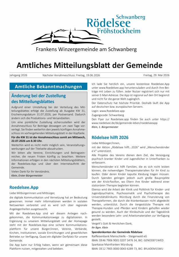 Amtliches Mitteilungsblatt der Gemeinde Rödelsee Titelblatt 05/2026