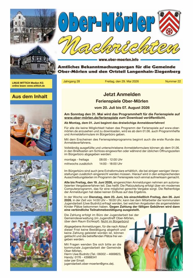 Ober-Mörler Nachrichten Titelblatt 22/2026