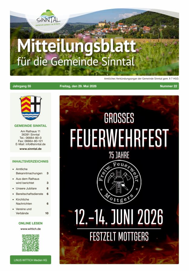 Mitteilungsblatt für die Gemeinde Sinntal Titelblatt 22/2026