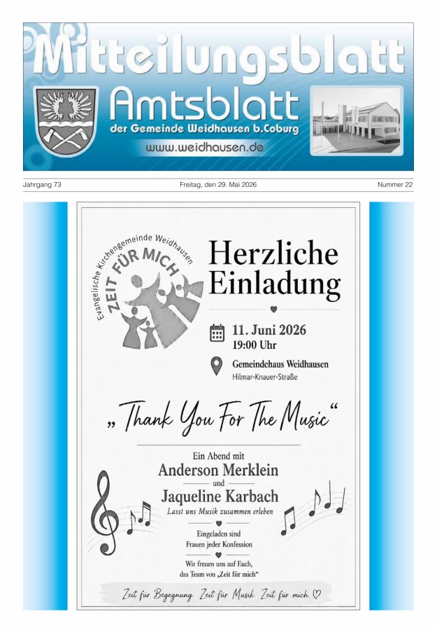 Mitteilungsblatt - Amtsblatt der Gemeinde Weidhausen b Coburg Titelblatt 22/2026