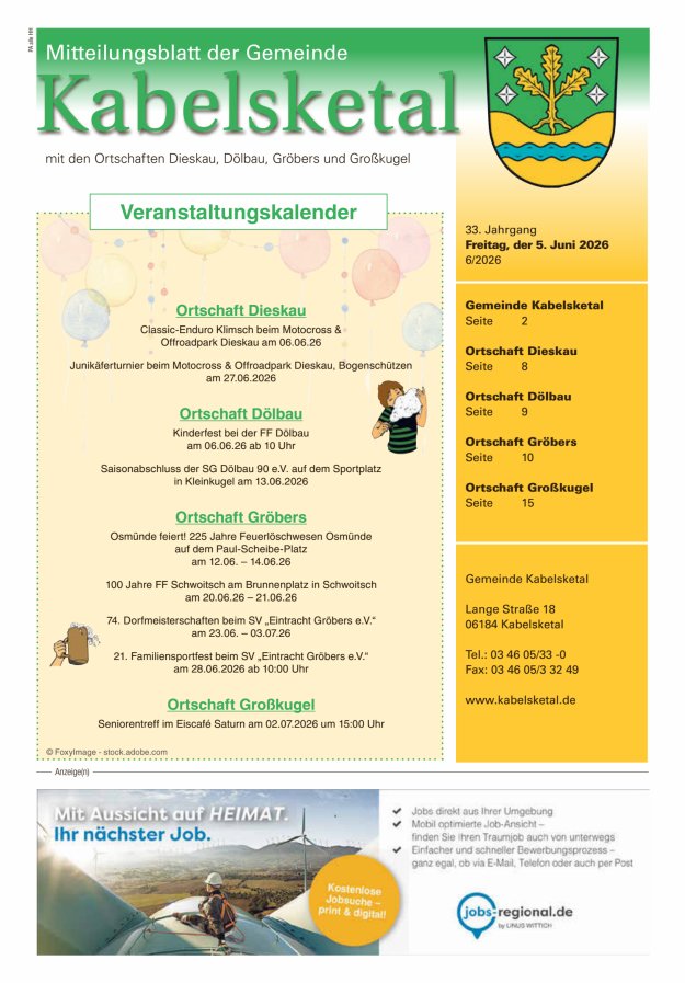 Amtsblatt der Gemeinde Kabelsketal mit den Ortsteilen Titelblatt 06/2026