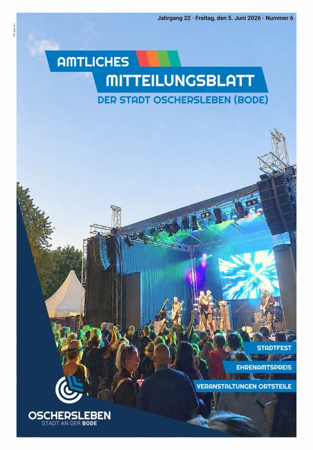 Amtliches Mitteilungsblatt der Stadt Oschersleben (Bode) und ihrer Ortsteile Titelblatt 06/2026