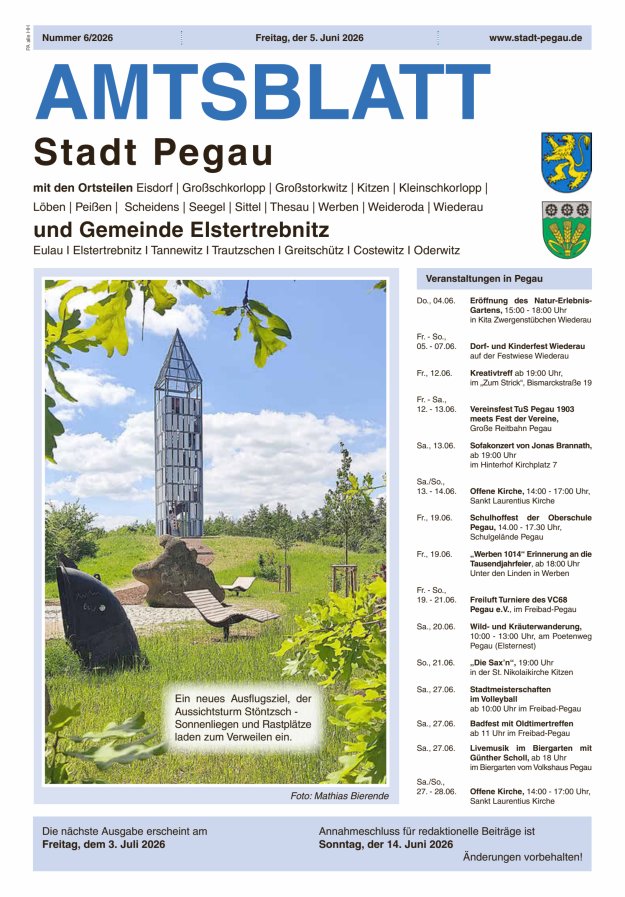 Amtsblatt Stadt Pegau und Gemeinde Elstertrebnitz  Titelblatt 06/2026