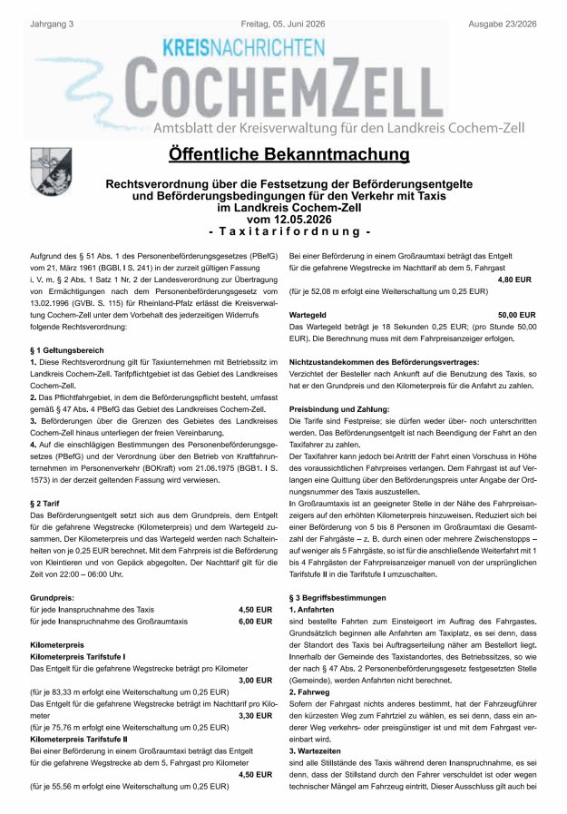 Kreisnachrichten Cochem-Zell Titelblatt 23/2026