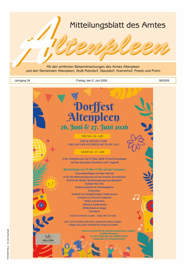 Mitteilungsblatt des Amtes Altenpleen Titelblatt 06/2026