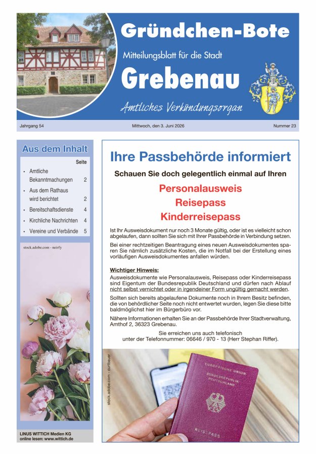 Grebenau - Gründchen Bote - Mitteilungsblatt für die Stadt Grebenau Titelblatt 23/2026
