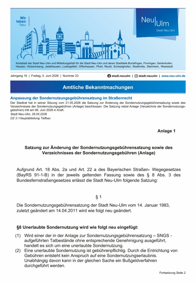 Amtsblatt der Stadt Neu-Ulm und Mitteilungsblatt für die Stadt Neu-Ulm Titelblatt 23/2026