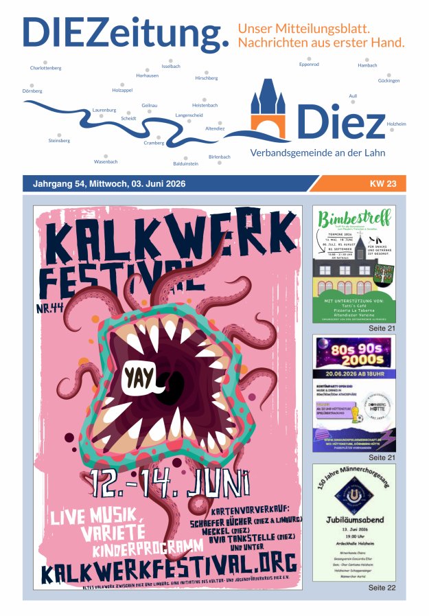 DIEZeitung - Mitteilungsblatt der Verbandsgemeinde Diez  Titelblatt 23/2026