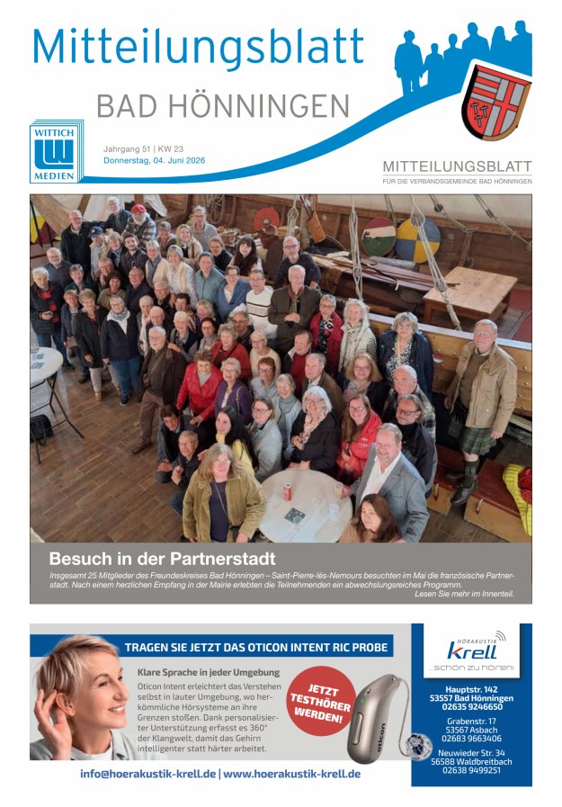 Mitteilungsblatt für den Bereich der Verbandsgemeinde Bad Hönningen Titelblatt 23/2026