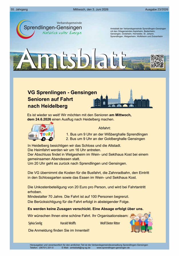 Amtsblatt VG Sprendlingen-Gensingen Titelblatt 23/2026