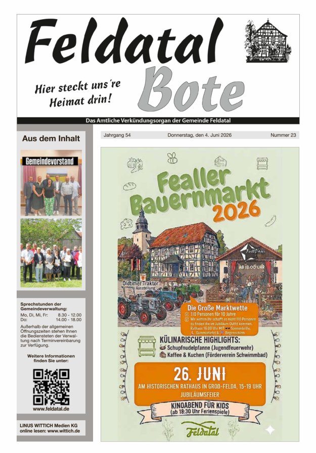 Das Amtliche Verkündungsorgan der Gemeinde Feldatal Titelblatt 23/2026