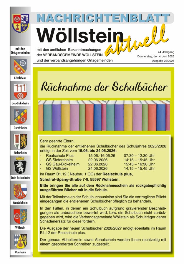 Nachrichtenblatt Wöllstein aktuell Titelblatt 23/2026