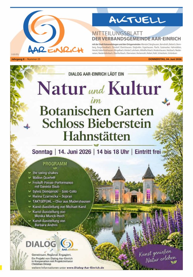 Mitteilungsblatt der Verbandsgemeinde Aar-Einrich Ausgabe Hahnstätten Titelblatt 23/2026