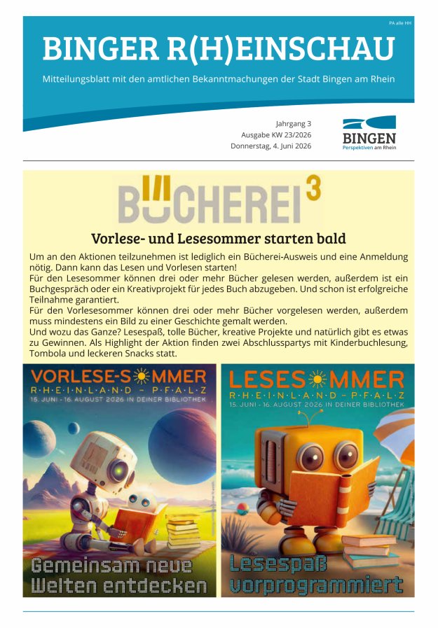 Binger R(h)einschau - Mitteilungsblatt mit den Amtlichen Bekanntmachungen der Stadt Bingen Titelblatt 23/2026