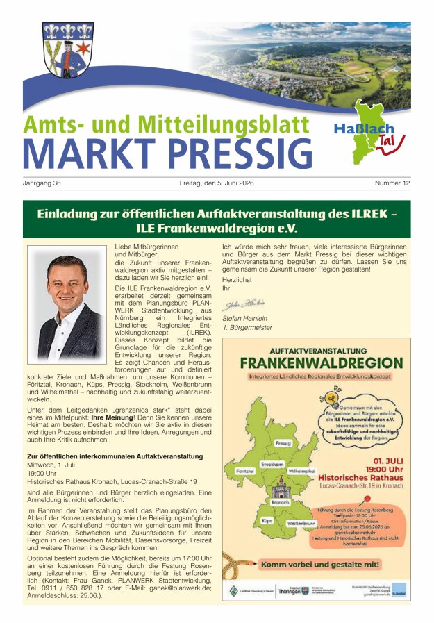 Amtsblatt für den Markt Pressig mit den Gemeindeteilen Titelblatt 12/2026