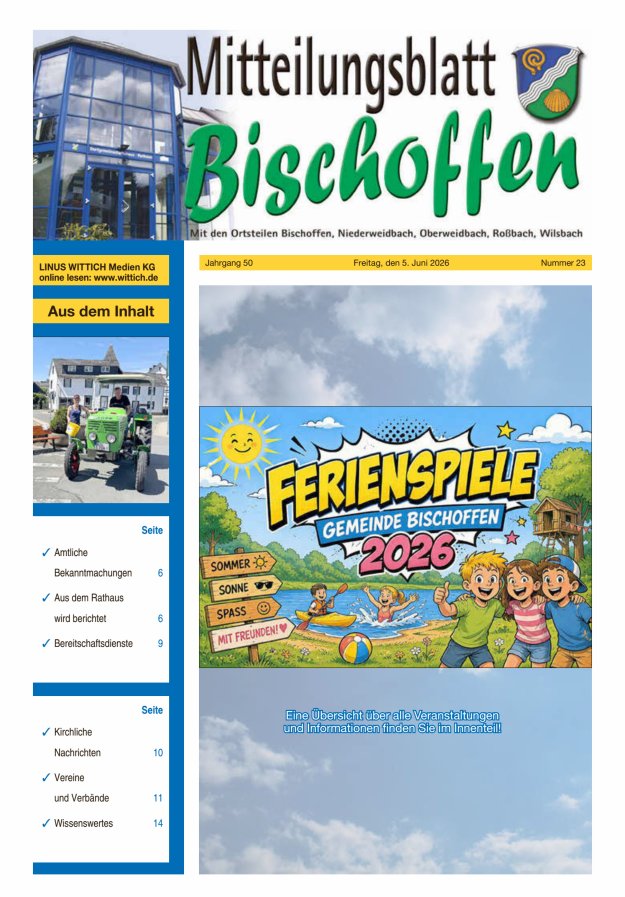Mitteilungsblatt für die Gemeinde Bischoffen Titelblatt 23/2026