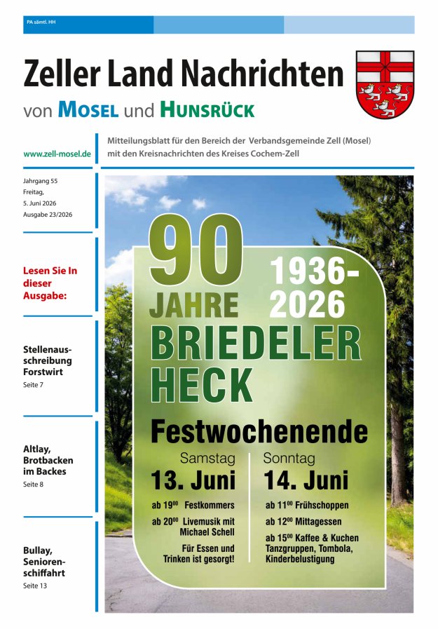 Zeller Land Nachrichten Titelblatt 23/2026