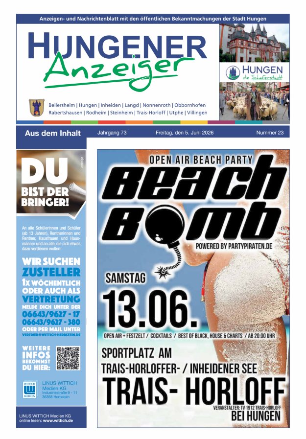 Anzeigen- und Nachrichtenblatt mit den öff  Bekanntmachungen der Stadt Hungen Titelblatt 23/2026