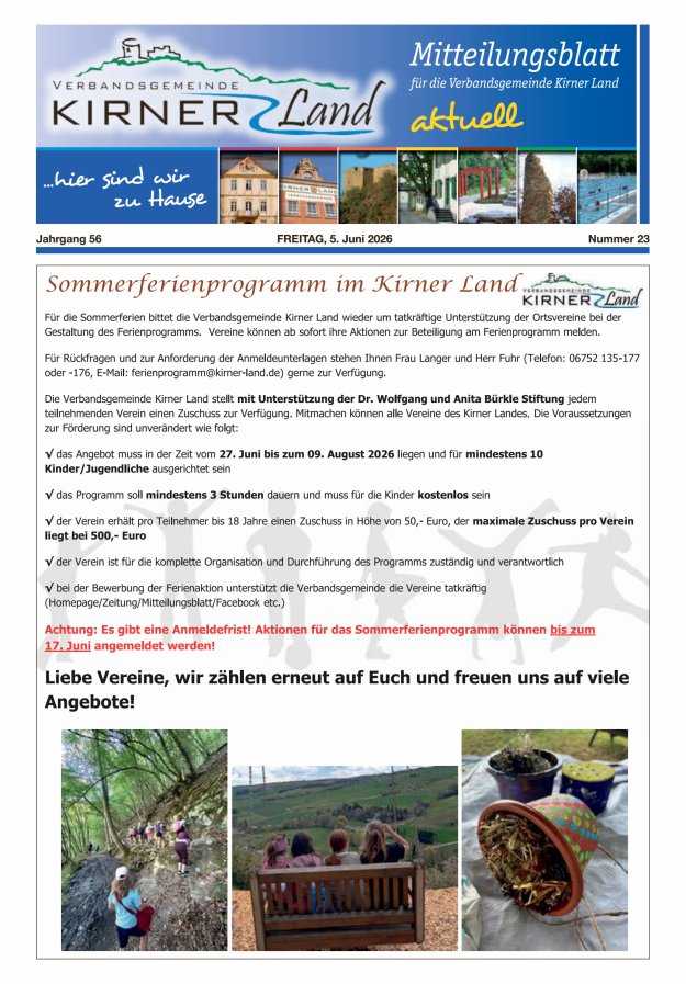 Mitteilungsblatt für den Bereich der Verbandsgemeinde Kirner Land Titelblatt 23/2026