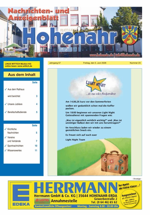 Nachrichten- und Anzeigenblatt für die Gemeinde Hohenahr Titelblatt 23/2026