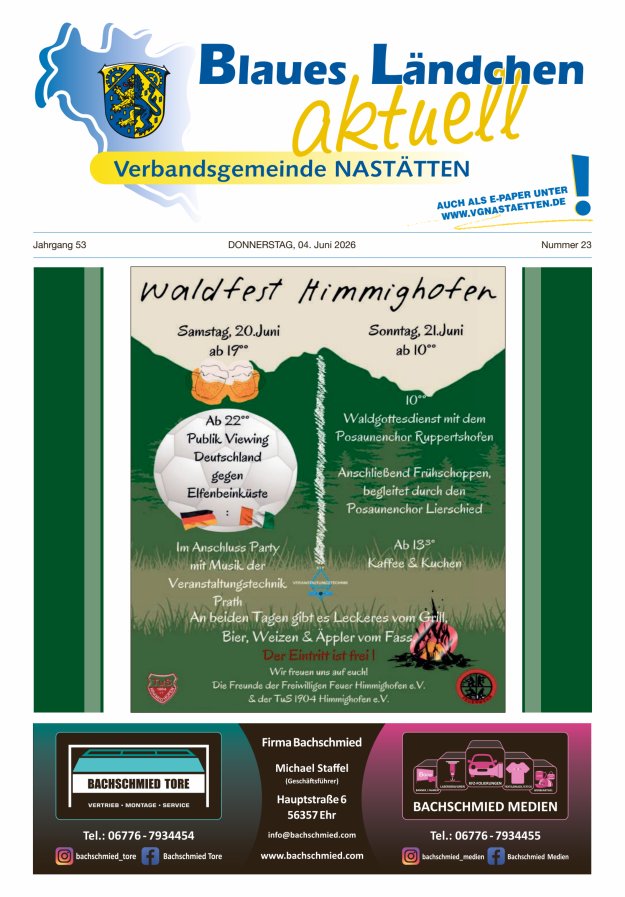 Blaues Ländchen aktuell - Heimat- u Bürgerzeitung VG Nastätten Titelblatt 23/2026