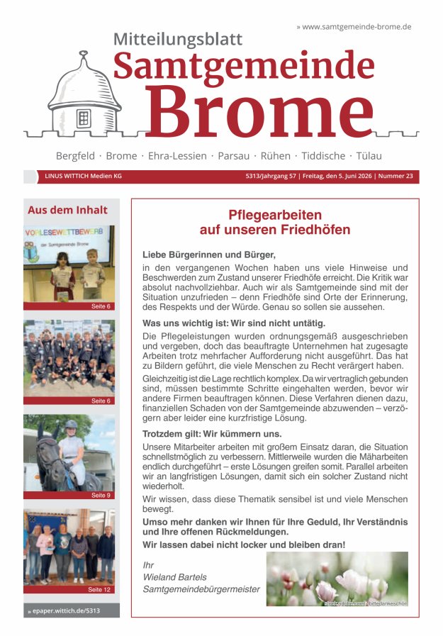 Mitteilungsblatt der Samtgemeinde Brome Titelblatt 23/2026