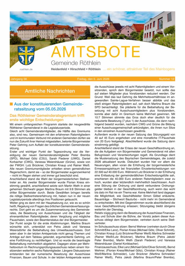 Amtsbote der Großgemeinde Röthlein Titelblatt 12/2026