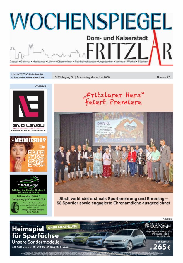 Wochenspiegel Dom- und Kaiserstadt Fritzlar Titelblatt 23/2026