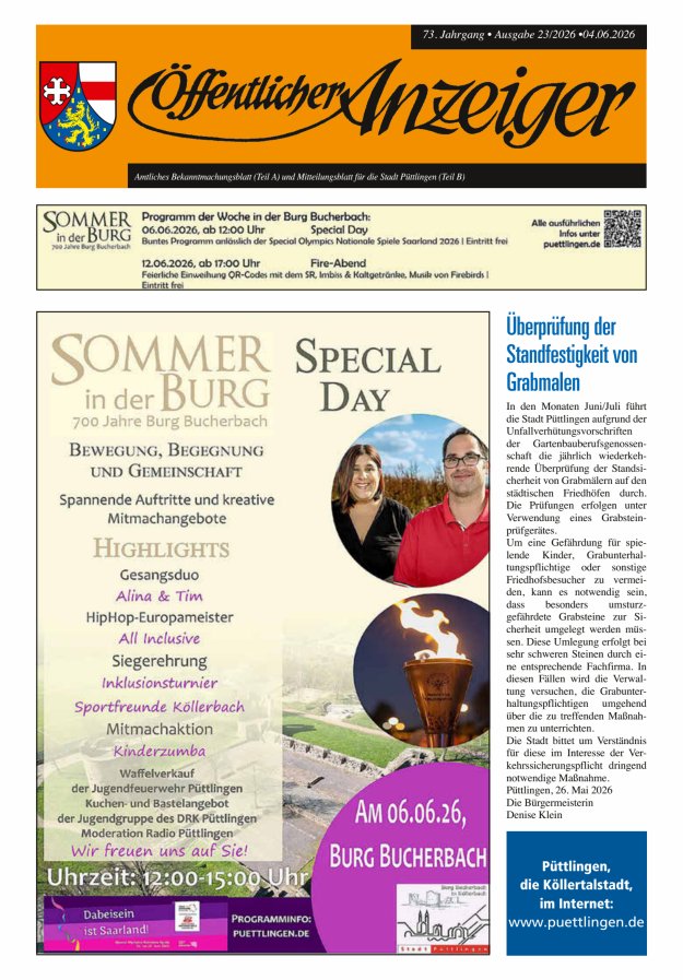 Öffentlicher Anzeiger - Stadt Püttlingen Titelblatt 23/2026