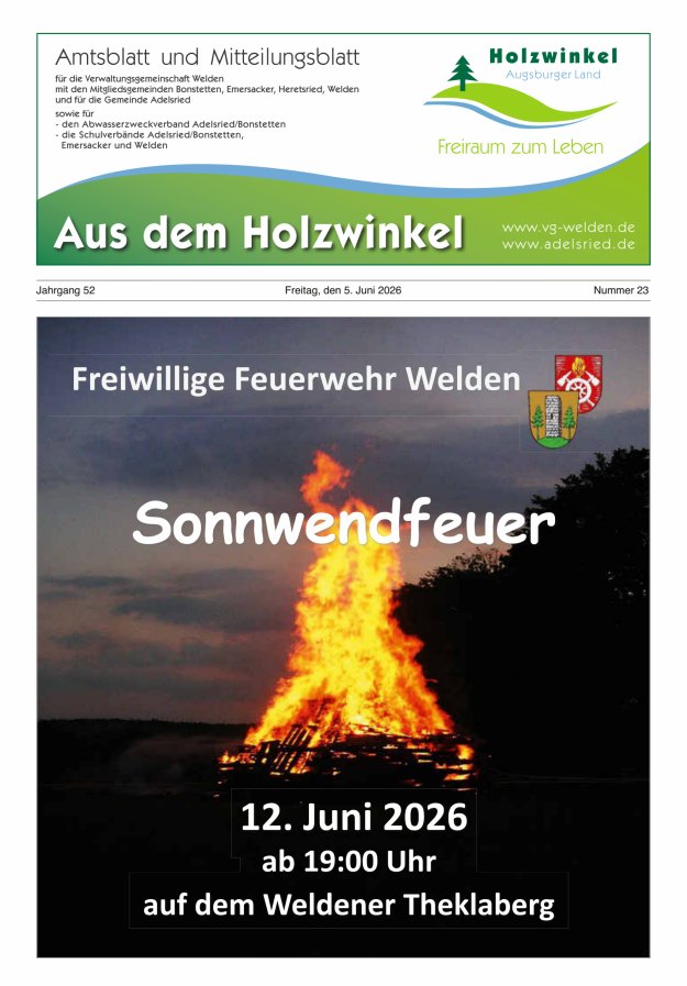 Aus dem Holzwinkel Amtsblatt u Mitteilungsblatt f VG Welden u GemAdelsried Titelblatt 23/2026