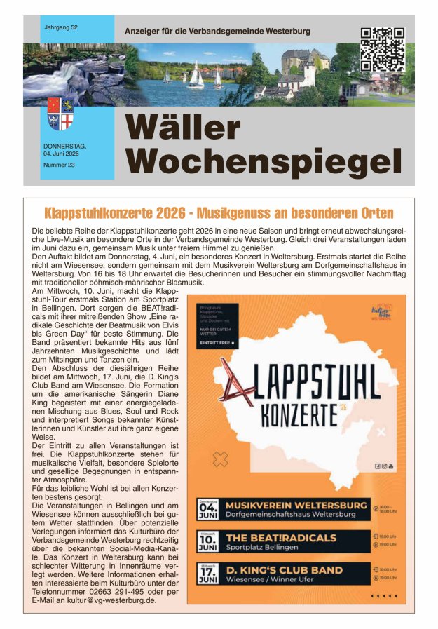 Wäller Wochenspiegel - Anzeiger für die Verbandsgemeinde Westerburg Titelblatt 23/2026