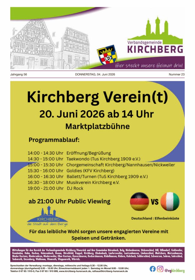 Mitteilungen der Verbandsgemeinde Kirchberg Hunsrück Titelblatt 23/2026