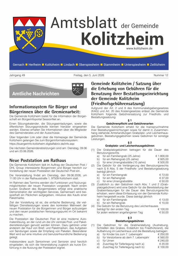 Amtsblatt der Gemeinde Kolitzheim Titelblatt 12/2026