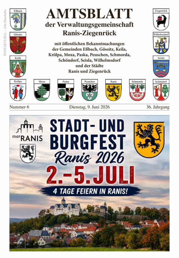 Amtsblatt der Verwaltungsgemeinschaft Ranis-Ziegenrück Titelblatt 06/2026